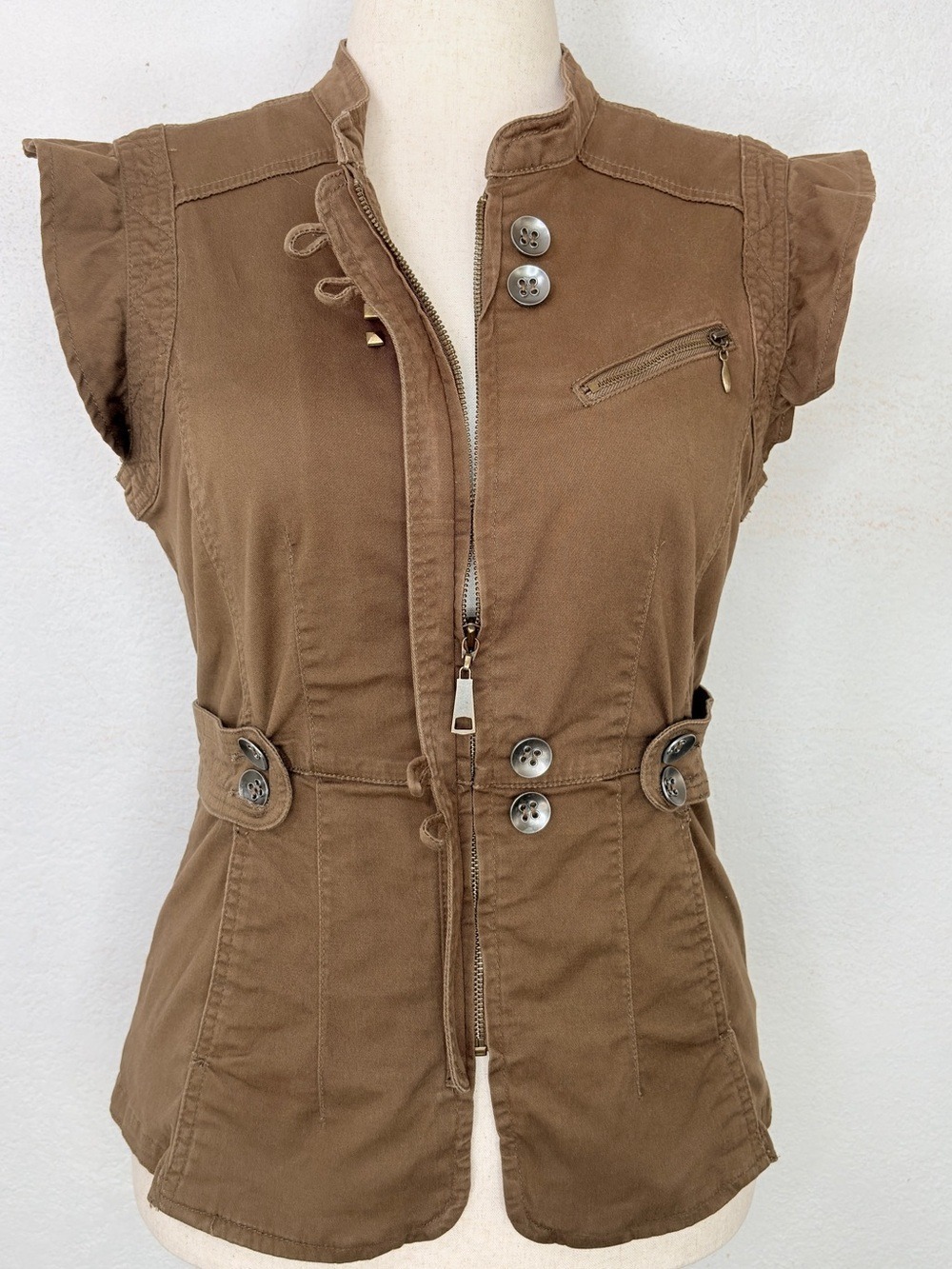 AMI Cyber Y2K Utility Vest Military Studded Techwear Ruffle Sleeve M - Picture 6 of 13